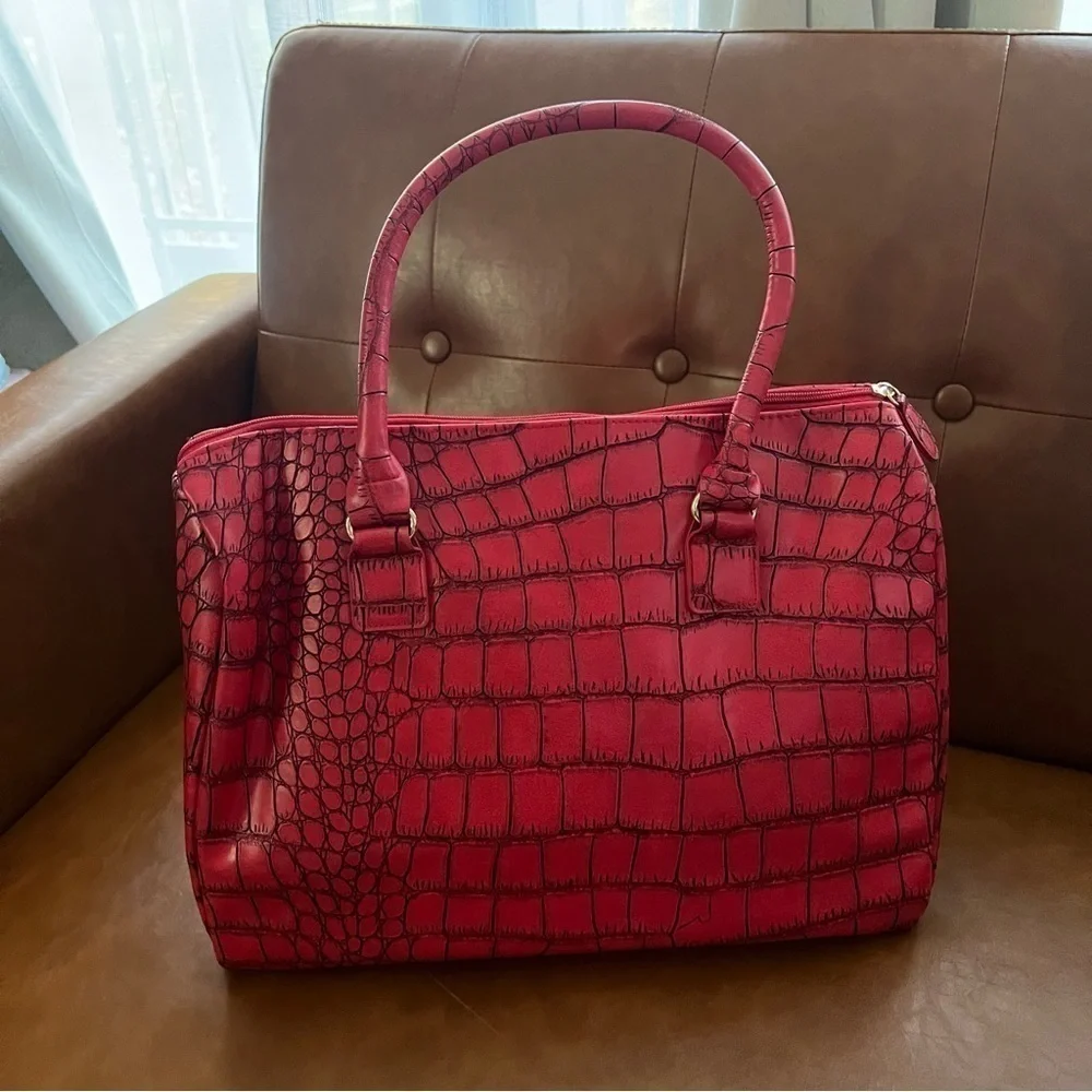 Women’s Red Crocodile Alligator Print Satchel Top Handle Purse Tote Bag
